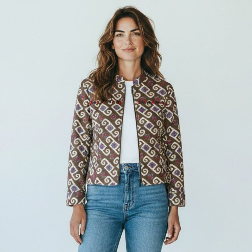 Peck & Peck Weekend Womens Medium See Pics Tan Zip Front Gem Embellished Blazer
